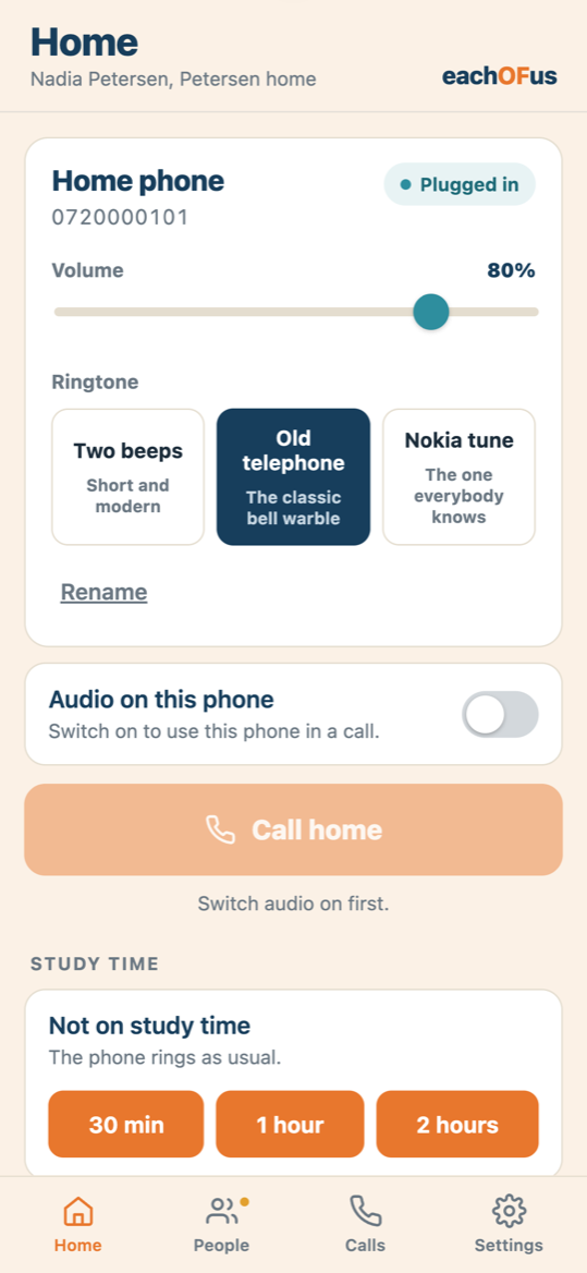 The Home screen, showing the house phone as plugged in, with its number, a volume slider, a choice of ringtone, a Call home button, and study time buttons for thirty minutes, one hour and two hours.