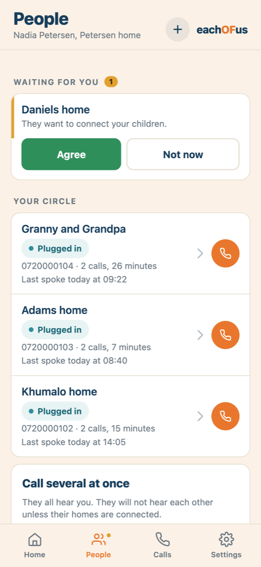 The People screen. A request from Daniels home says they want to connect your children, with an Agree button and a Not now button. Below, the family's circle lists Granny and Grandpa, Adams home and Khumalo home, each marked plugged in.
