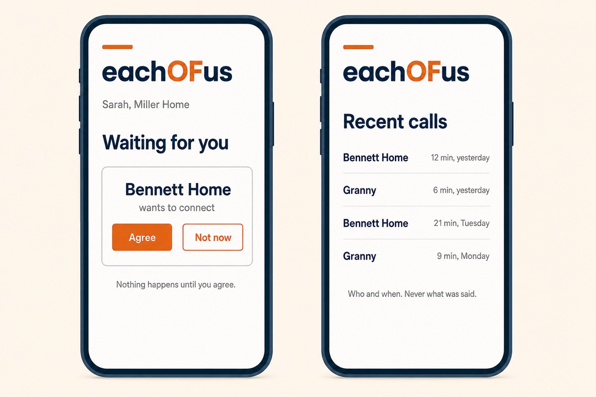 Two phones side by side showing the parent app. On the left, a request from Bennett Home waiting to be agreed, with an Agree button and a Not now button. On the right, a list of recent calls showing who was called and for how long.