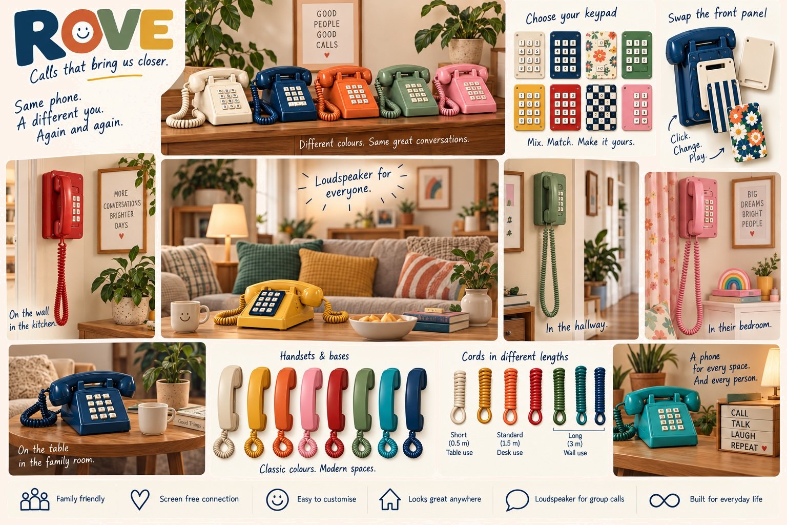 A design board for Rove. Five desk phones in cream, navy, orange, sage and pink. Eight keypad faces in plain colours, florals and checks. A navy wall phone with its front panel lifted off and three replacement panels beside it. Wall phones in a kitchen, a hallway and a bedroom, a navy phone on a coffee table, a yellow phone on a sofa table, and a teal phone on a desk. Eight coloured handsets with matching cords, and cords in three lengths for table, desk and wall. Across the bottom: family friendly, screen free connection, easy to customise, looks great anywhere, loudspeaker for group calls, built for everyday life.